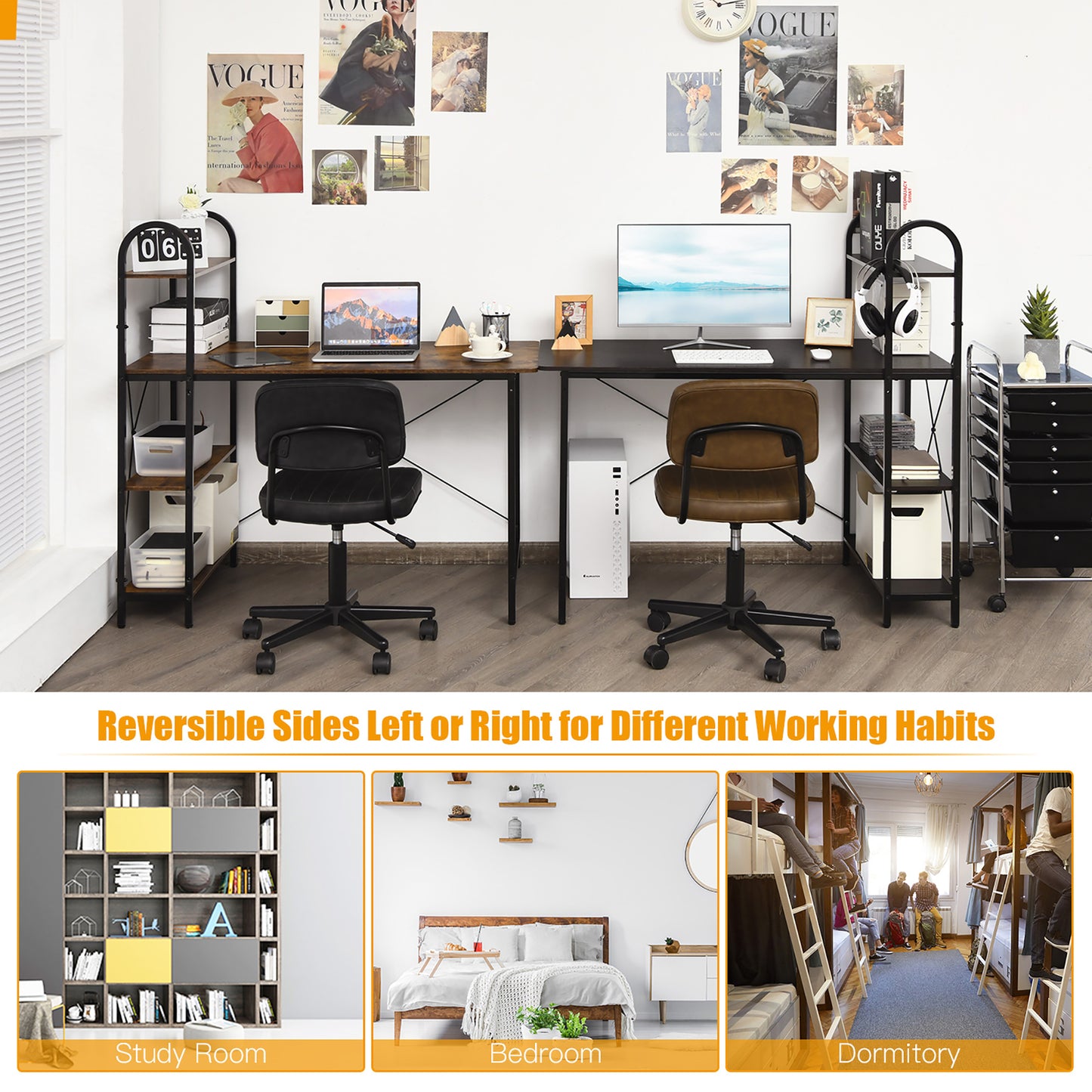 Costway 48'' Reversible Computer Desk Writing Table Workstation w/ Storage Shelf Black
