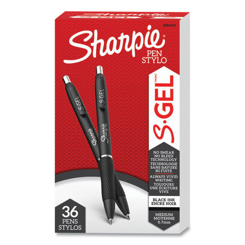 Sharpie S-Gel S-Gel High-Performance Gel Pen, Retractable, Medium 0.7mm, Black Ink, Black Barrel, 36/Pack