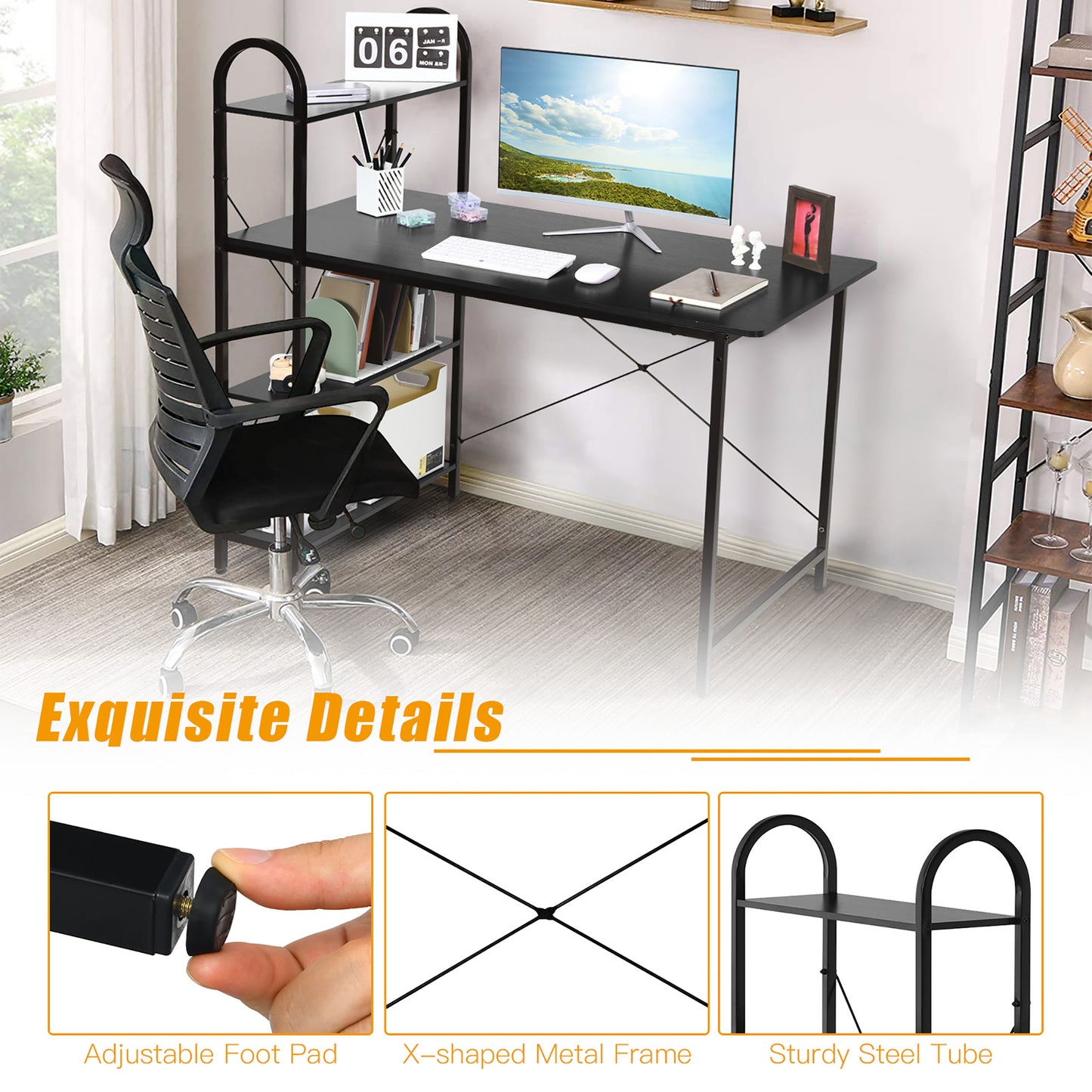 Costway 48'' Reversible Computer Desk Writing Table Workstation w/ Storage Shelf Black