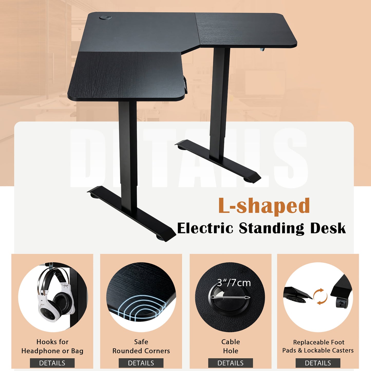 Costway L Shaped Electric Adjustable Standing Desk w/ Controller 2 Hooks Black