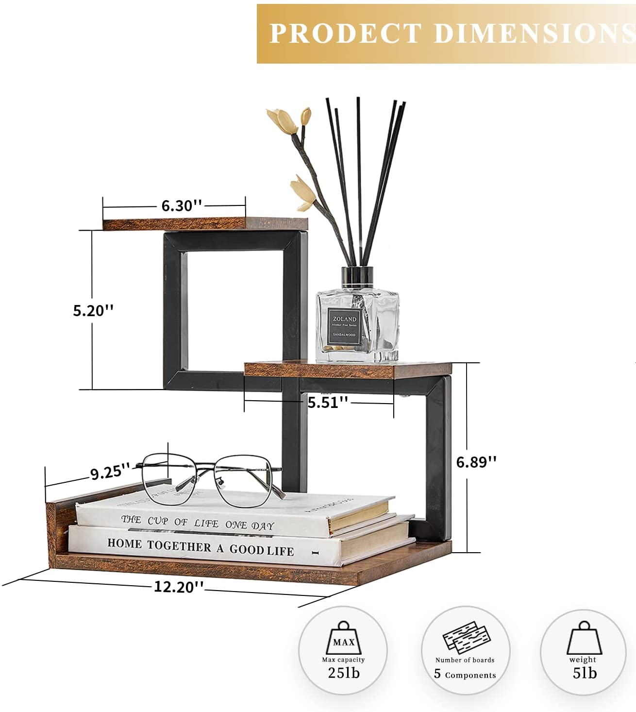 Gannyfer Wood Desktop Shelf - Freestanding Small Bookshelf Desk Supplies Organizers, 3 Tier Storage Display Rack Office Decor, Stand Shelves with Metal Frame for Books/Plants/Toys