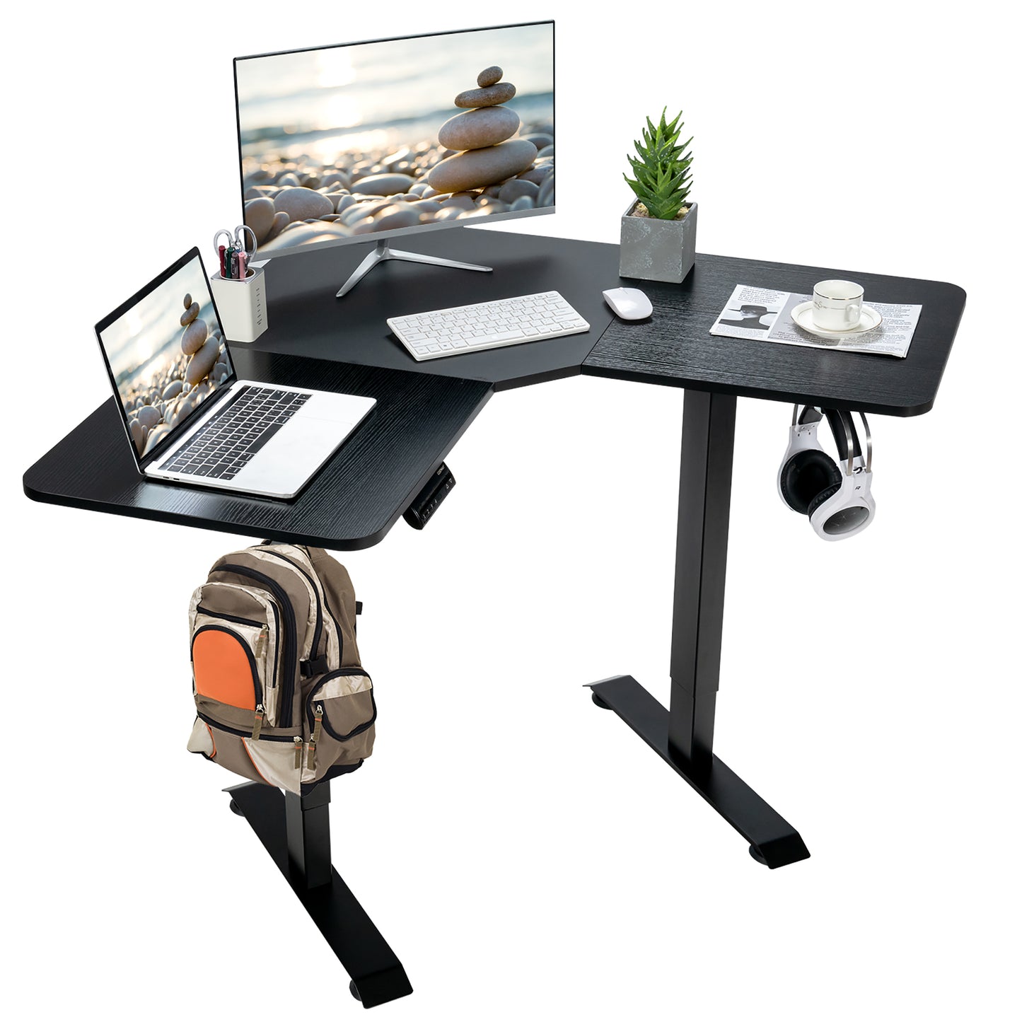Costway L Shaped Electric Adjustable Standing Desk w/ Controller 2 Hooks Black
