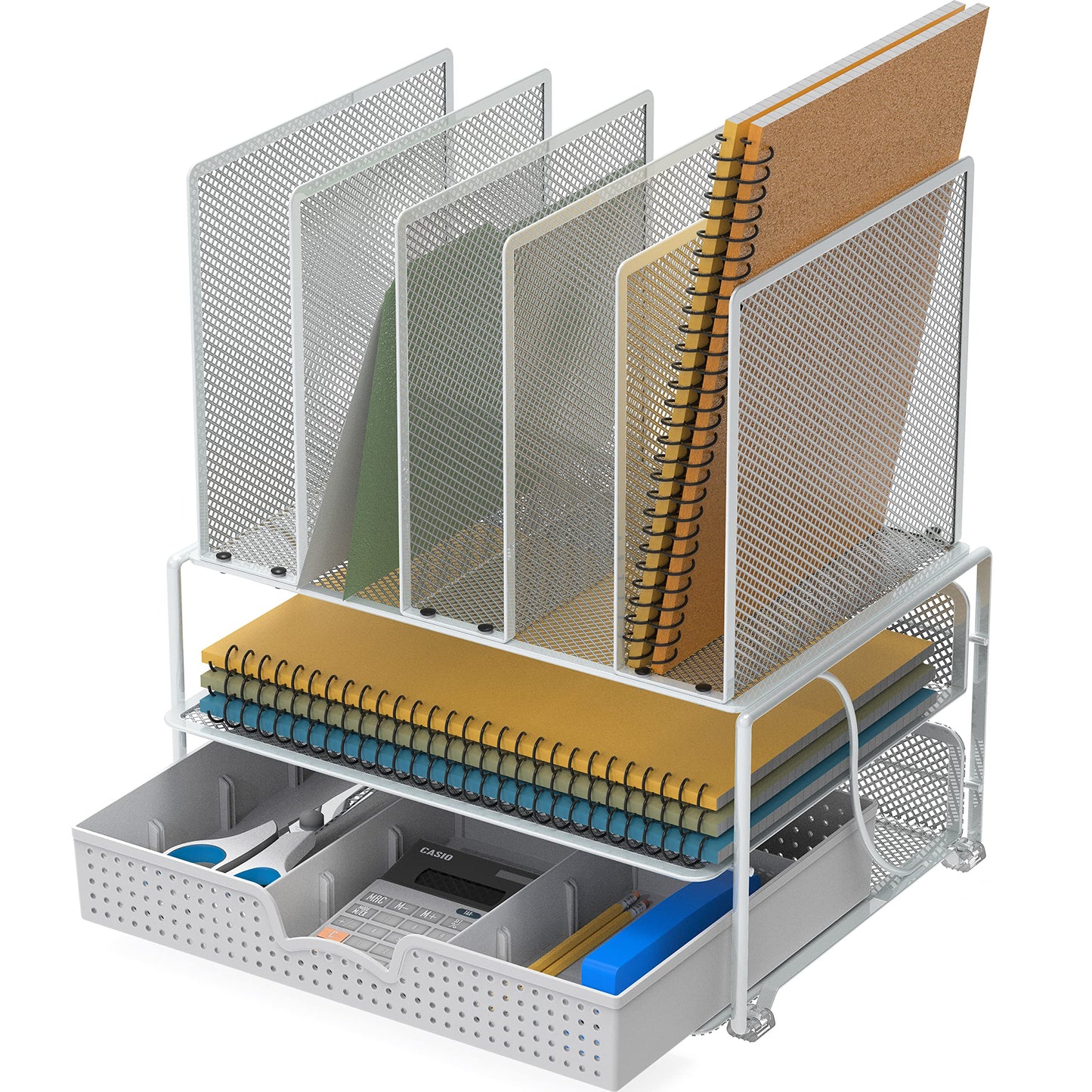 SimpleHouseware Mesh Desk Organizer with Sliding Drawer, Double Tray and 5 Upright Sections, Silver