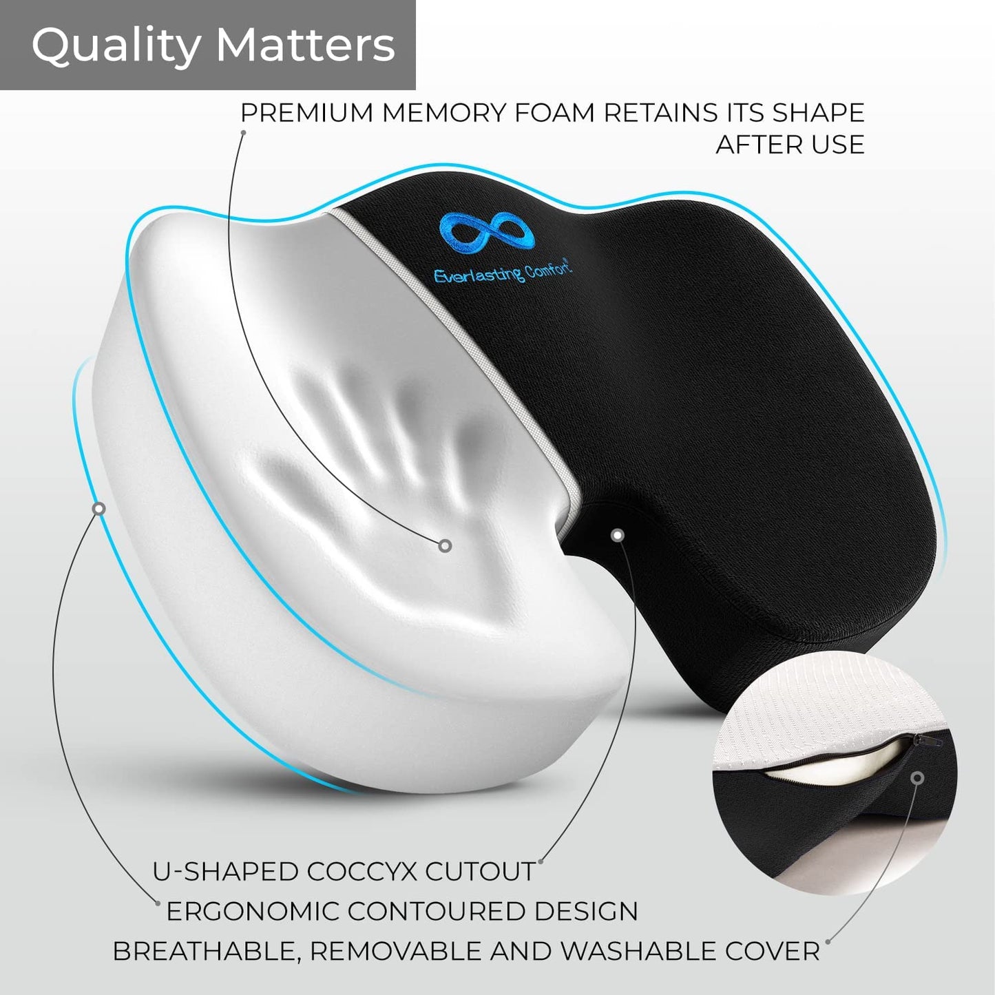 Everlasting Comfort Seat Cushion for Tailbone Pain Relief - Office Chair Cushion w/Premium ComfortFoam™ for All-Day Sitting Support - Coccyx, Sciatica Pain Relief Pillow for Desk Chair, Car Seat