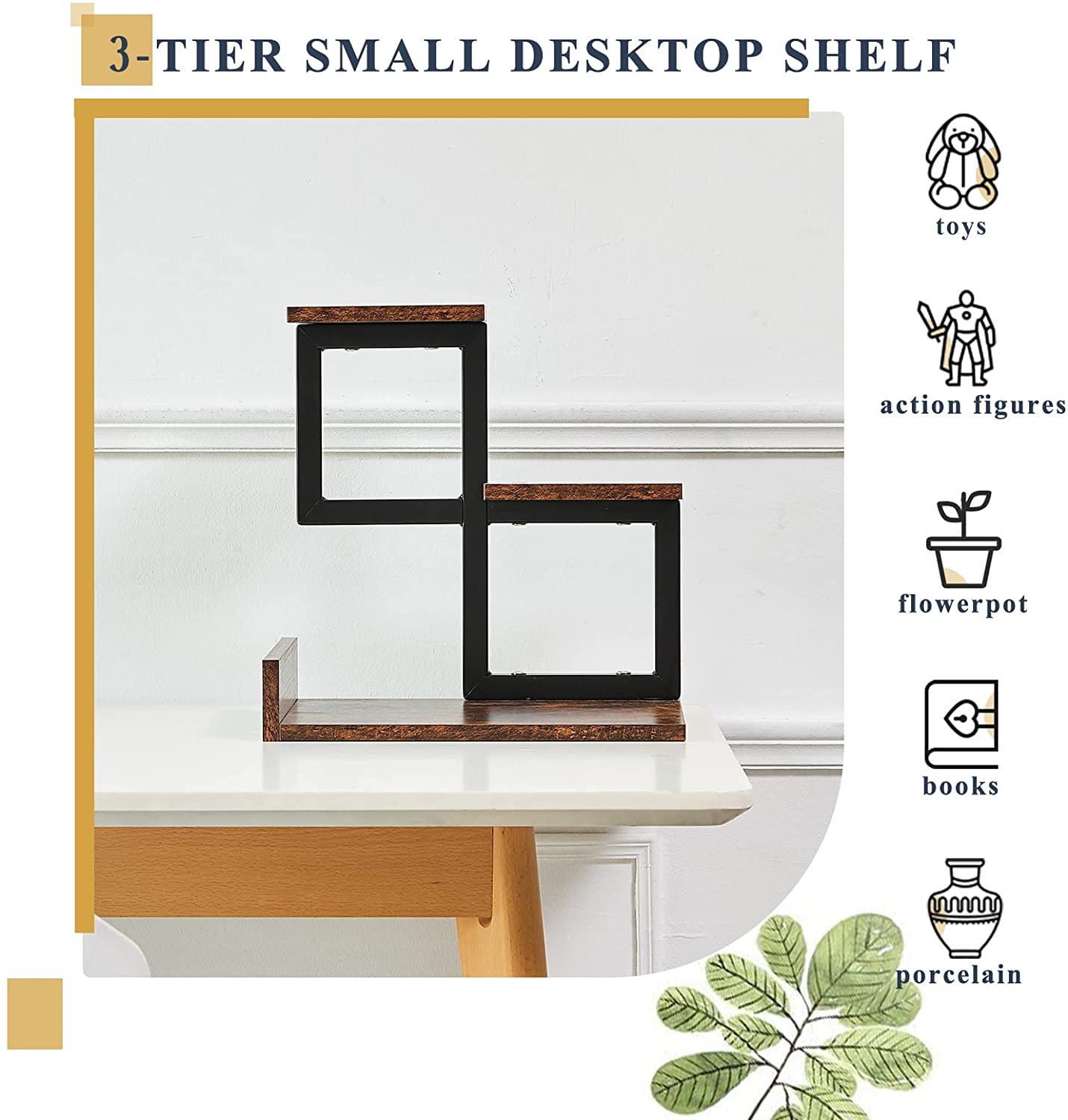 Gannyfer Wood Desktop Shelf - Freestanding Small Bookshelf Desk Supplies Organizers, 3 Tier Storage Display Rack Office Decor, Stand Shelves with Metal Frame for Books/Plants/Toys