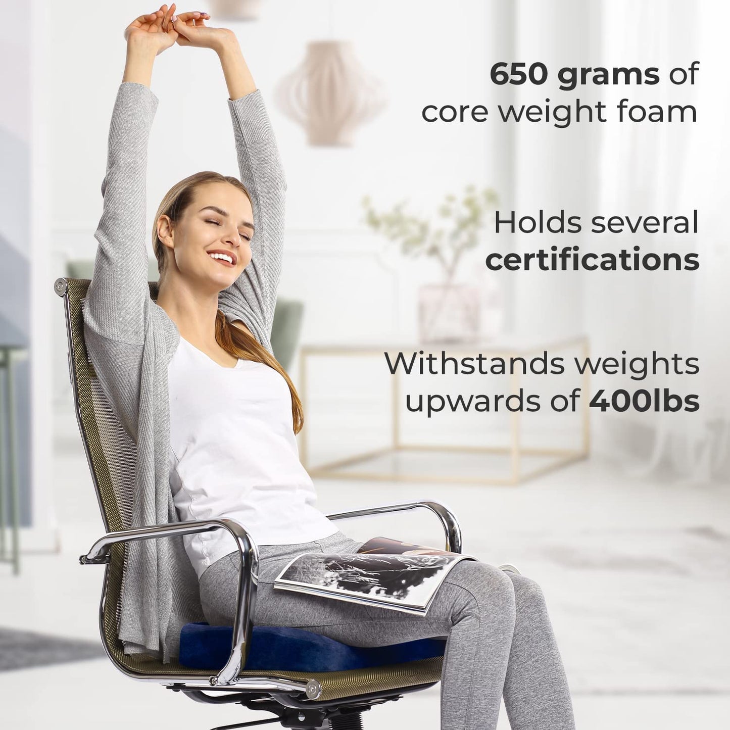 Everlasting Comfort Seat Cushion for Tailbone Pain Relief - Office Chair Cushion w/Premium ComfortFoam™ for All-Day Sitting Support - Coccyx, Sciatica Pain Relief Pillow for Desk Chair, Car Seat