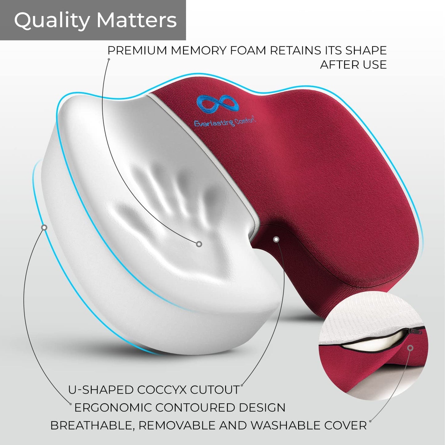 Everlasting Comfort Seat Cushion for Tailbone Pain Relief - Office Chair Cushion w/Premium ComfortFoam™ for All-Day Sitting Support - Coccyx, Sciatica Pain Relief Pillow for Desk Chair, Car Seat