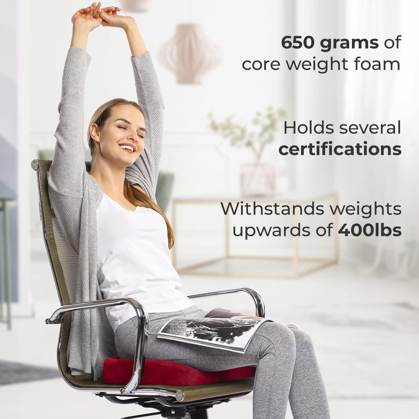 Everlasting Comfort Seat Cushion for Tailbone Pain Relief - Office Chair Cushion w/Premium ComfortFoam™ for All-Day Sitting Support - Coccyx, Sciatica Pain Relief Pillow for Desk Chair, Car Seat