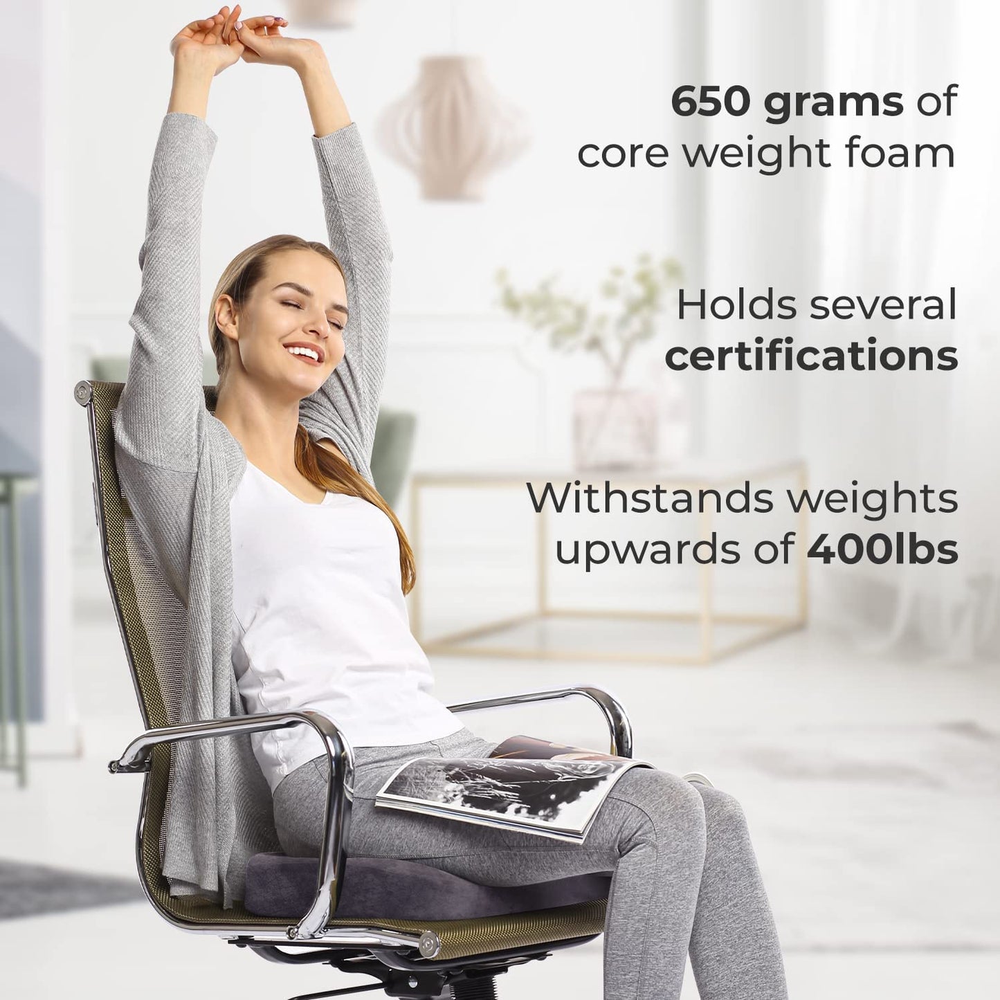 Everlasting Comfort Seat Cushion for Tailbone Pain Relief - Office Chair Cushion w/Premium ComfortFoam™ for All-Day Sitting Support - Coccyx, Sciatica Pain Relief Pillow for Desk Chair, Car Seat