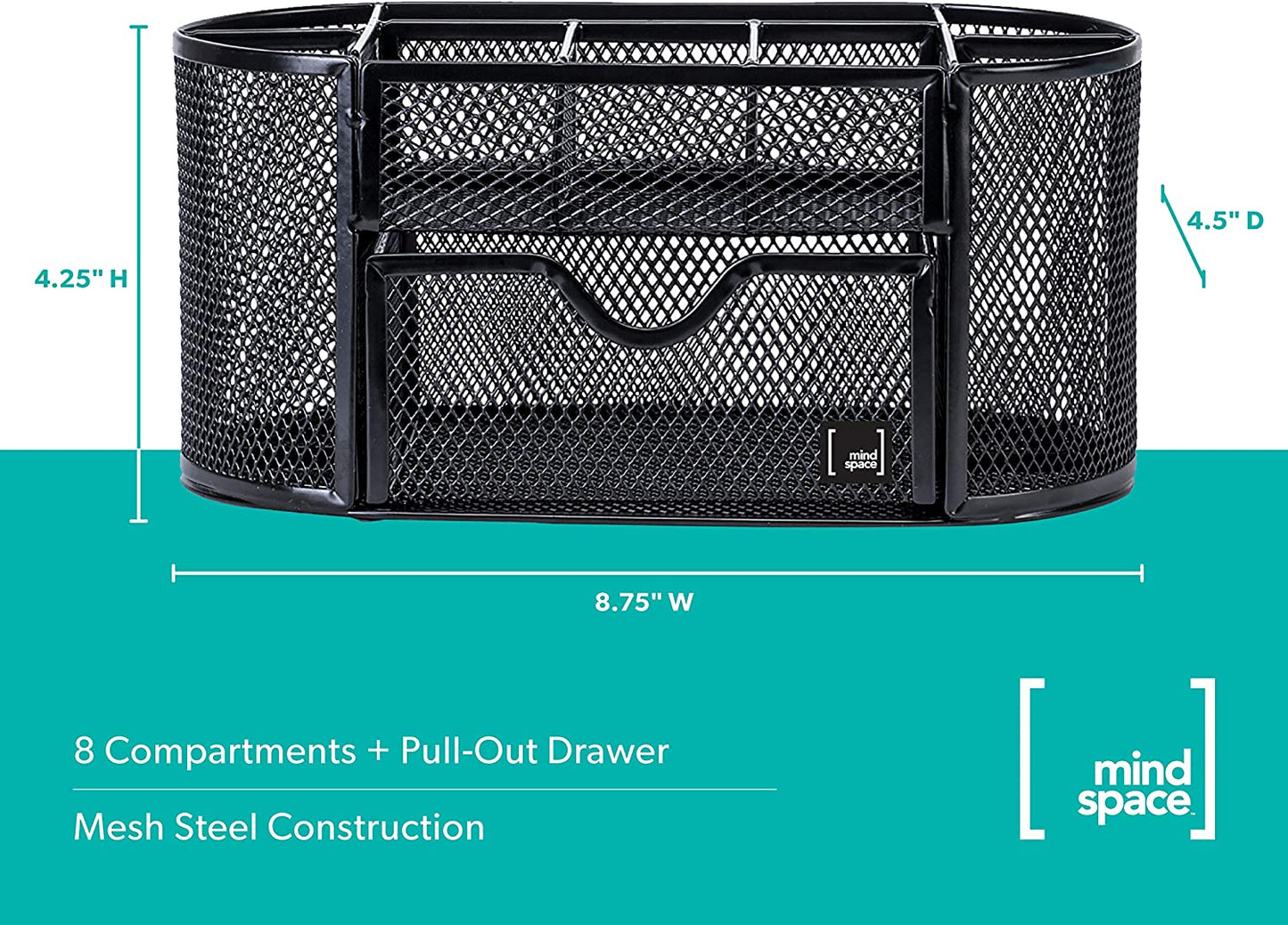 Mindspace Office Desk Organizer with 8 Compartments + Drawer | Desk Caddy Pen Holder For Office Accessories | The Mesh Collection, Black