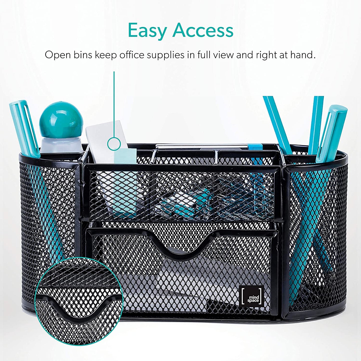 Mindspace Office Desk Organizer with 8 Compartments + Drawer | Desk Caddy Pen Holder For Office Accessories | The Mesh Collection, Black