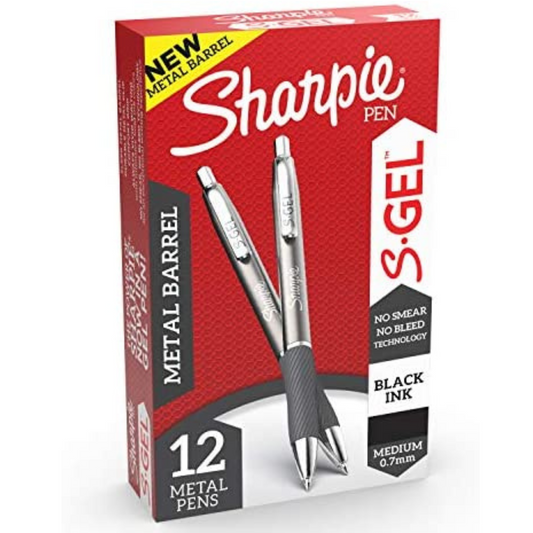 SHARPIE S-Gel, Gel Pens, Sleek Metal Barrel, Matte Black, Medium Point (0.7mm), Black Ink, 12 Count