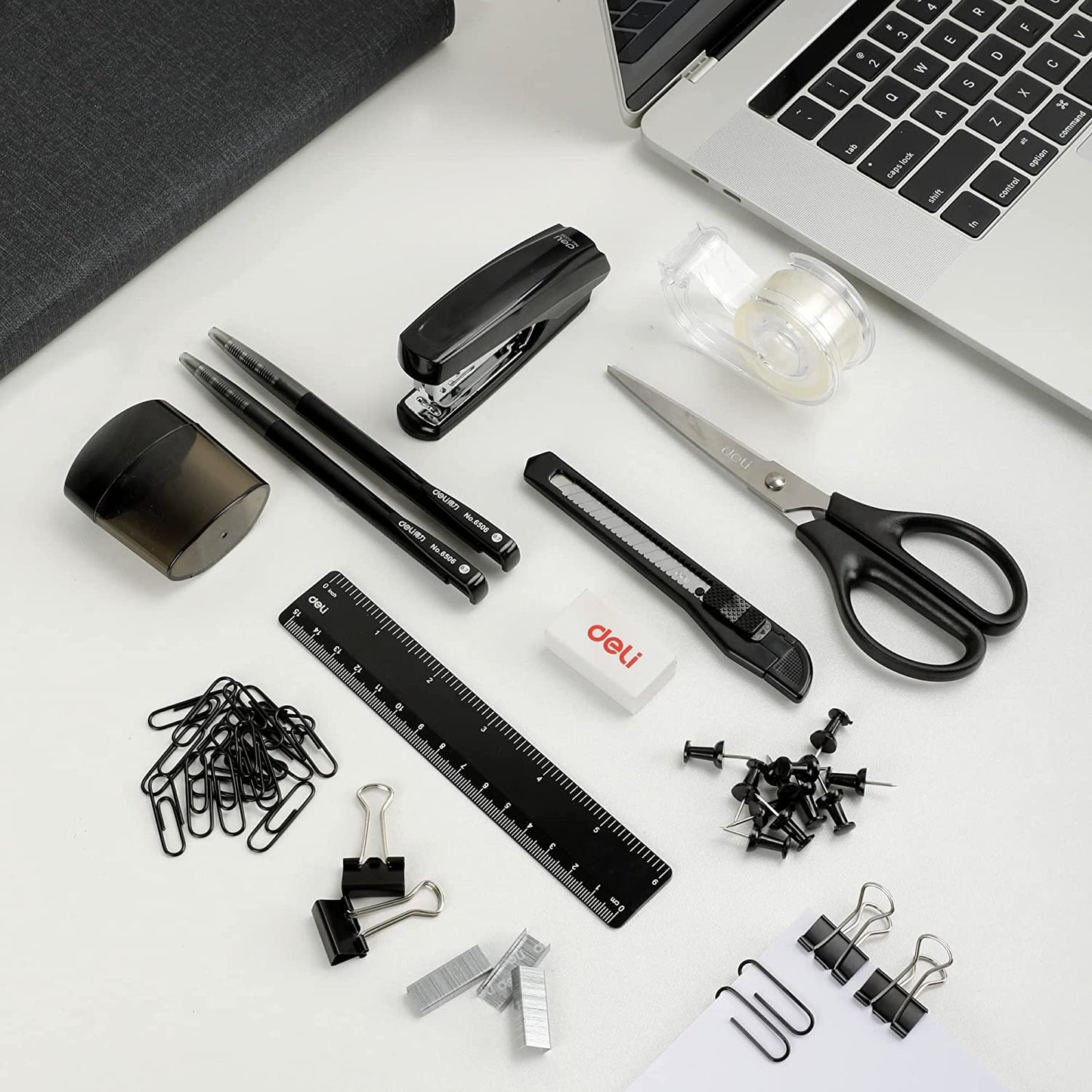 Deli Office Supplies Set, Desk Accessory Organizer Kit, Stapler Set, Rotating Multi-Functional Pen Holder, Tape Dispenser, Pens, Binder Clips, Sharpener, Scissor, Eraser, Black