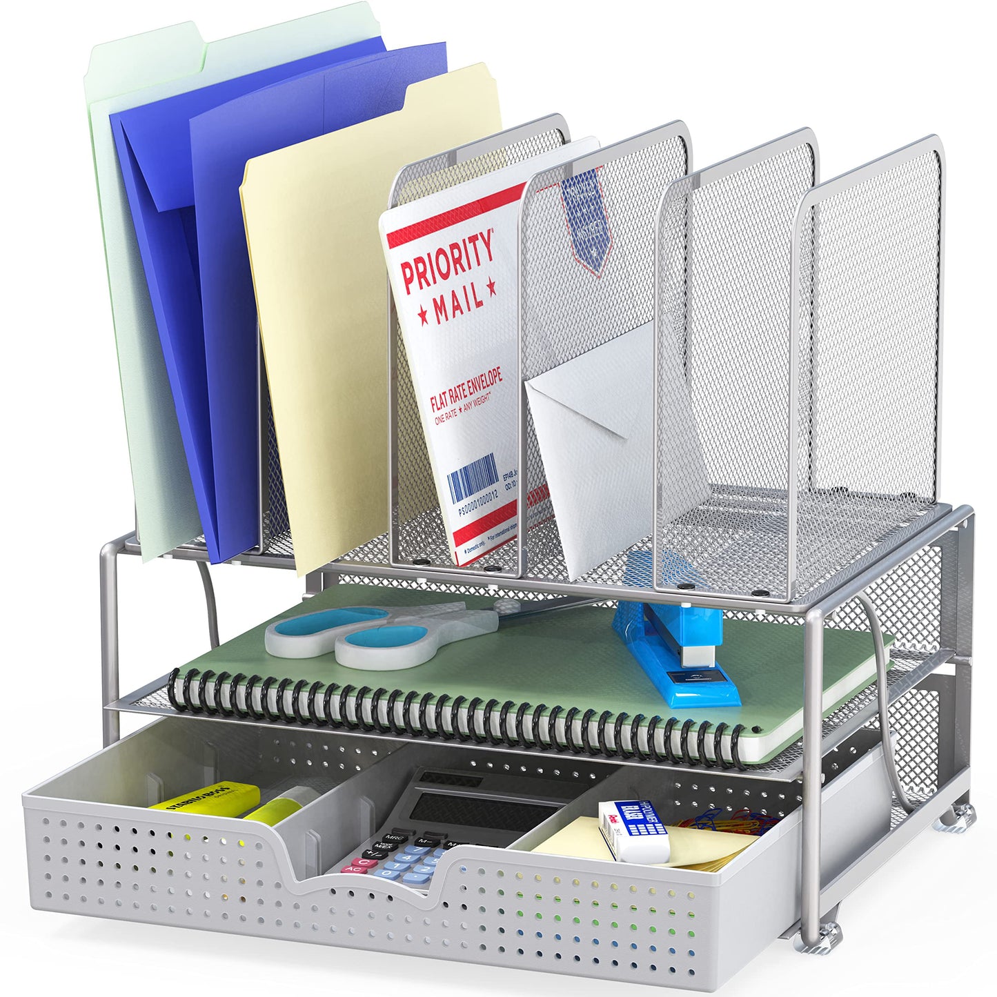 SimpleHouseware Mesh Desk Organizer with Sliding Drawer, Double Tray and 5 Upright Sections, Silver