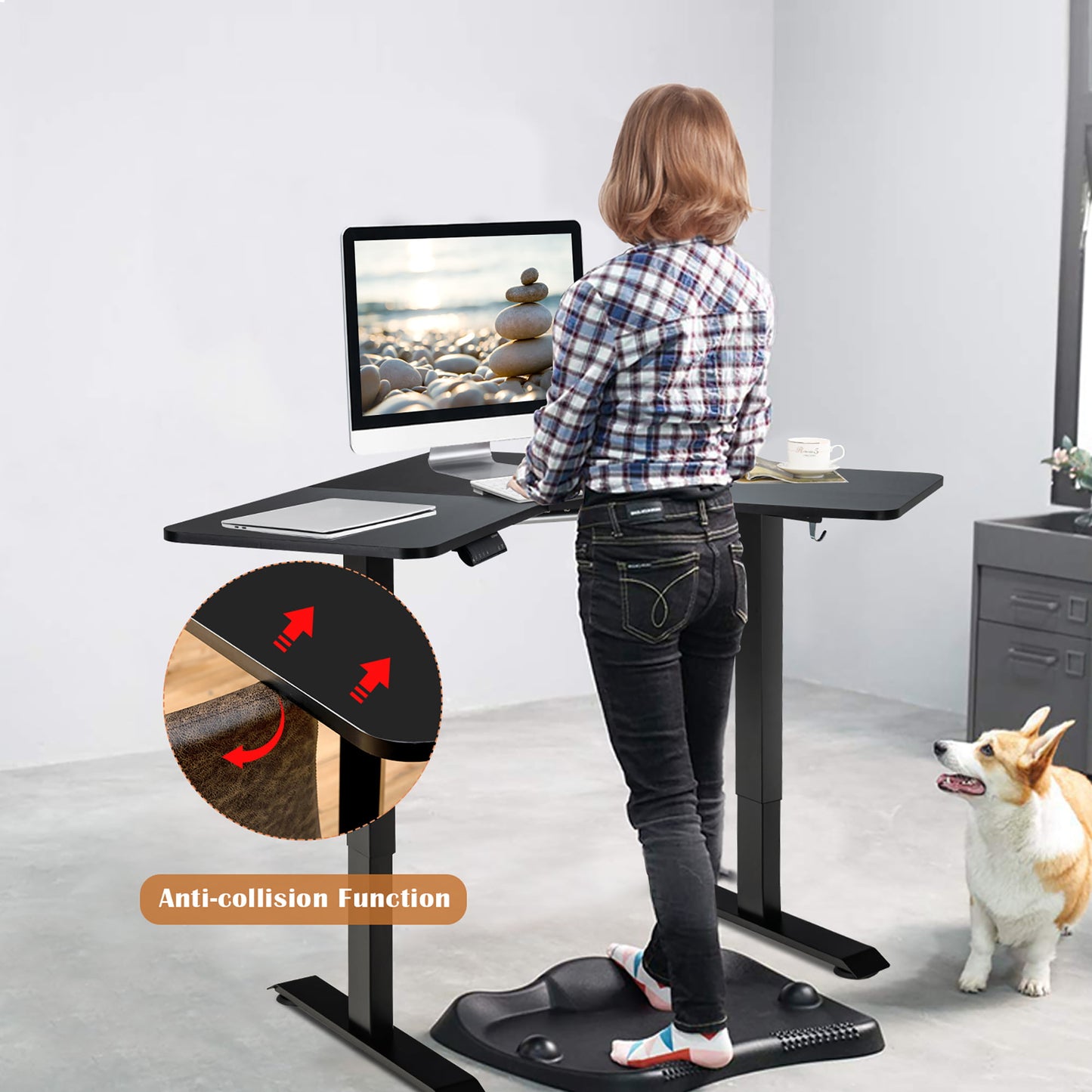 Costway L Shaped Electric Adjustable Standing Desk w/ Controller 2 Hooks Black