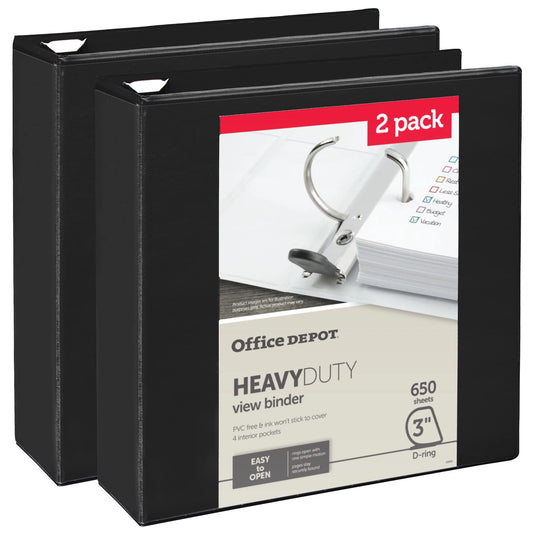 Office Depot Heavy-Duty View 3-Ring Binder, 3" D-Rings, Pack Of 2