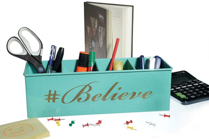Dudki Believe Printed Desk Organizer Metal Decorative Pen Pencil Caddy Holder Storage Box For Desktop