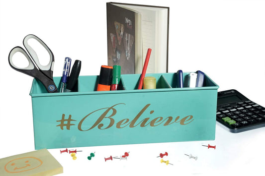 Dudki Believe Printed Desk Organizer Metal Decorative Pen Pencil Caddy Holder Storage Box For Desktop