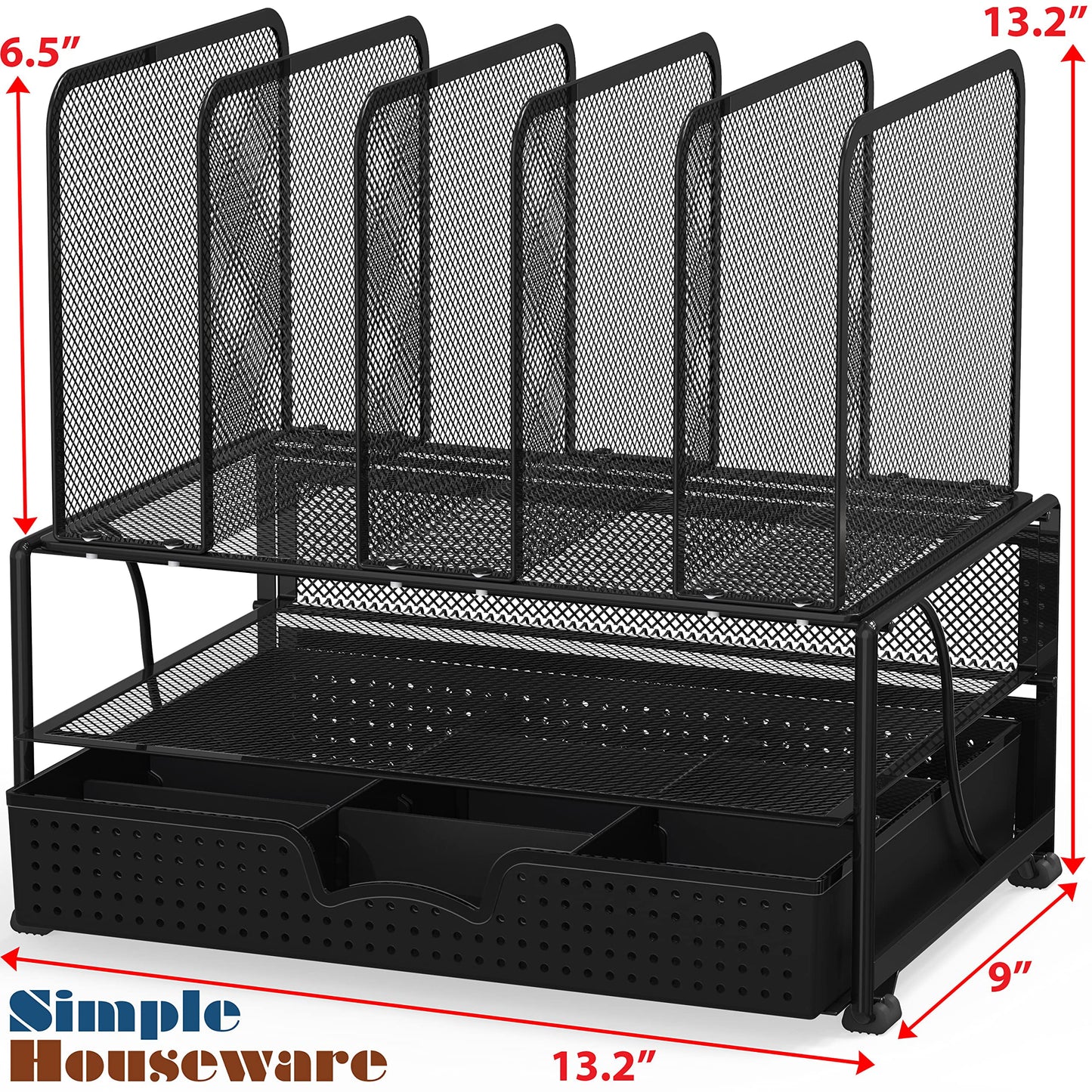 SimpleHouseware Mesh Desk Organizer with Sliding Drawer, Double Tray and 5 Upright Sections, Black