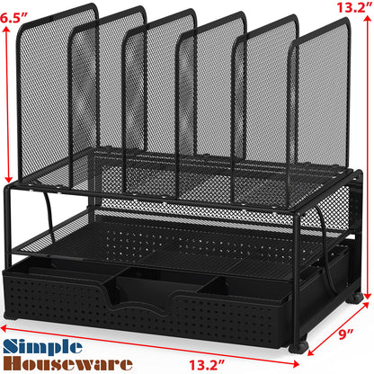 SimpleHouseware Mesh Desk Organizer with Sliding Drawer, Double Tray and 5 Upright Sections, Black