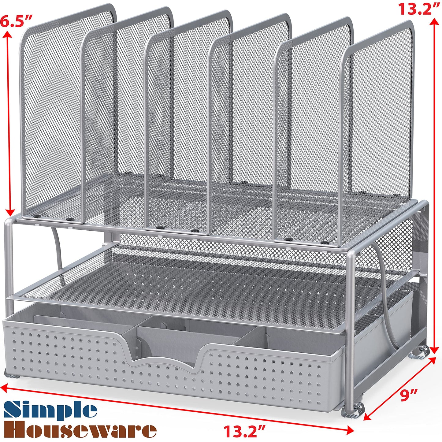 SimpleHouseware Mesh Desk Organizer with Sliding Drawer, Double Tray and 5 Upright Sections, Silver