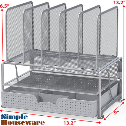 SimpleHouseware Mesh Desk Organizer with Sliding Drawer, Double Tray and 5 Upright Sections, Silver
