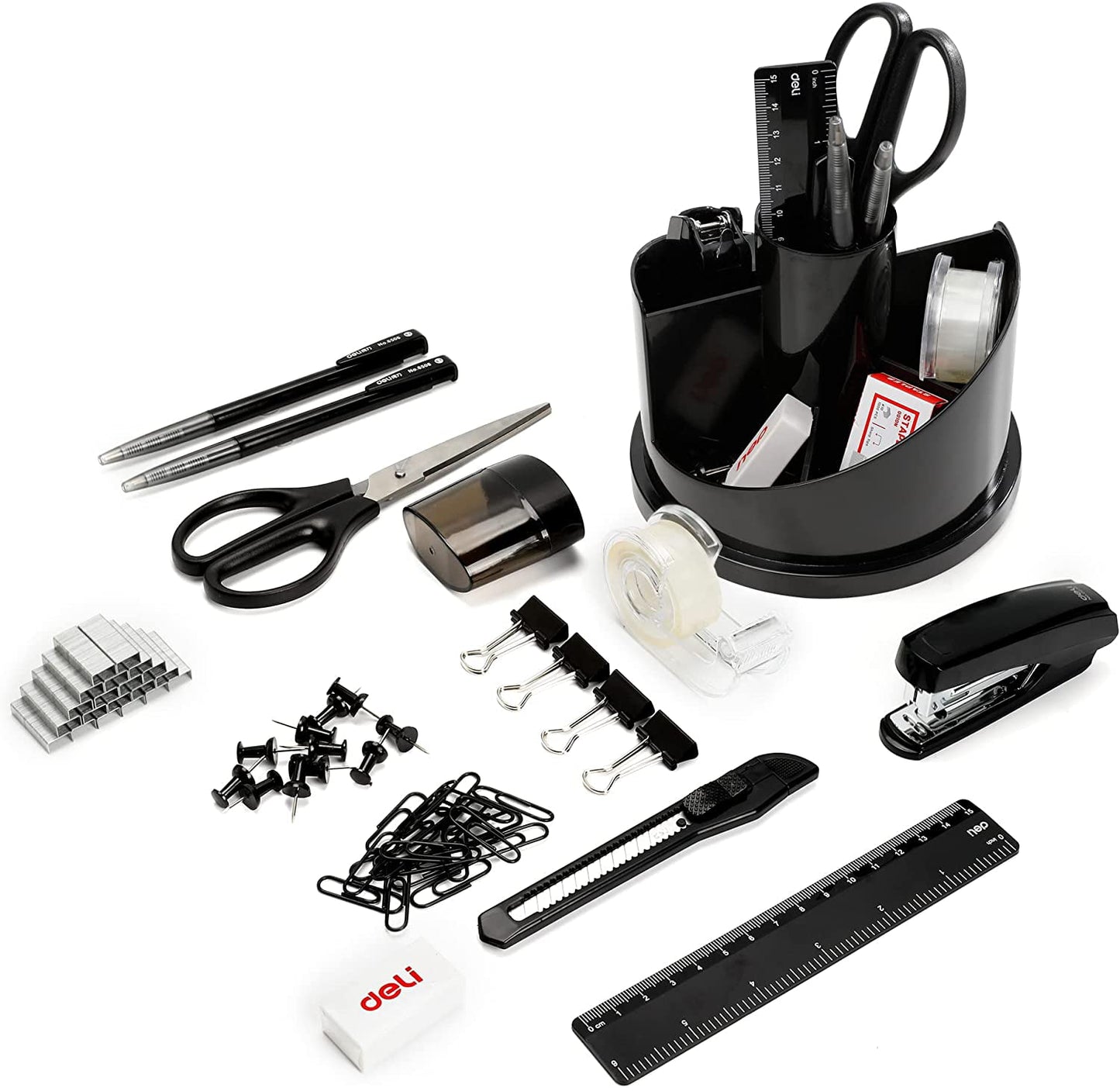 Deli Office Supplies Set, Desk Accessory Organizer Kit, Stapler Set, Rotating Multi-Functional Pen Holder, Tape Dispenser, Pens, Binder Clips, Sharpener, Scissor, Eraser, Black