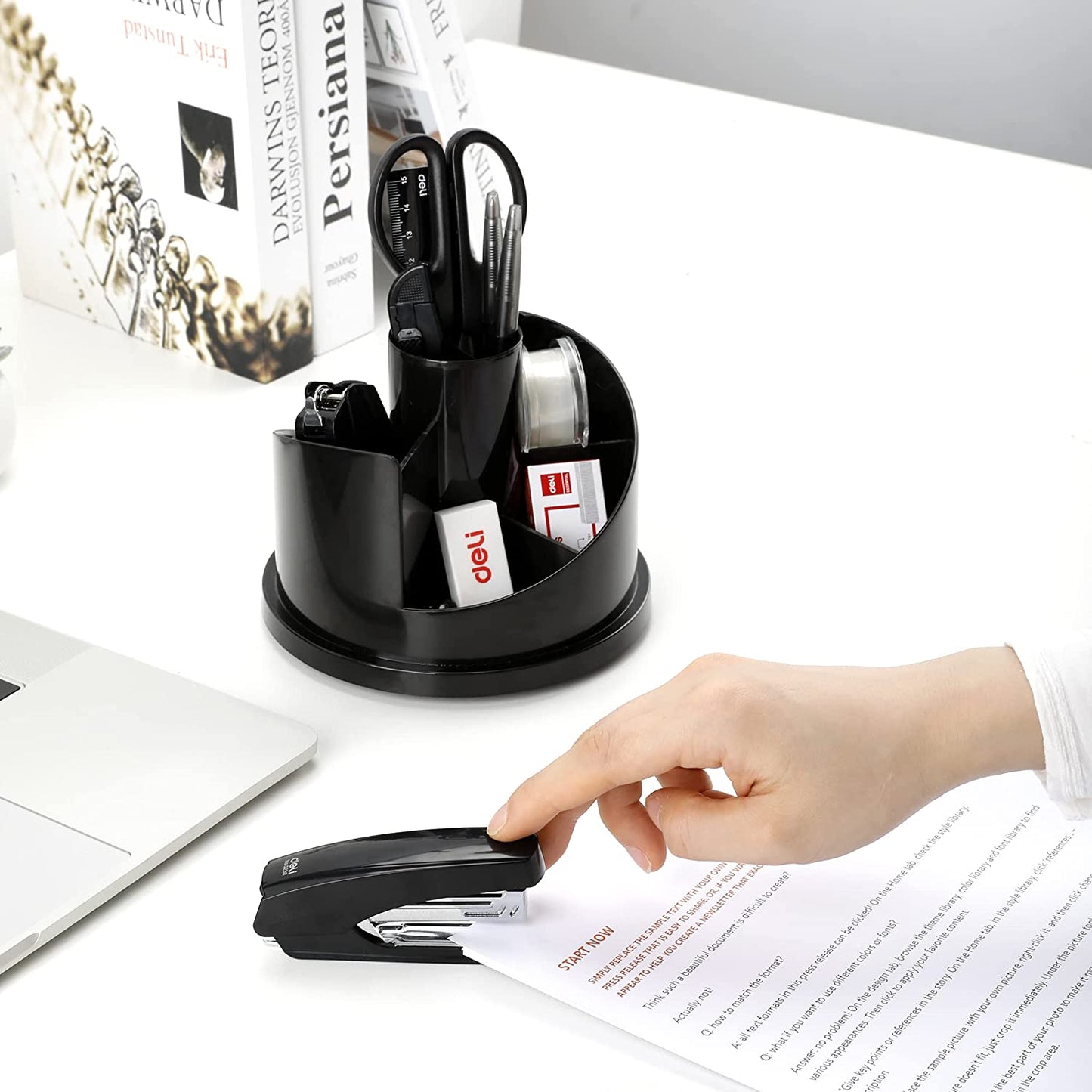 Deli Office Supplies Set, Desk Accessory Organizer Kit, Stapler Set, Rotating Multi-Functional Pen Holder, Tape Dispenser, Pens, Binder Clips, Sharpener, Scissor, Eraser, Black