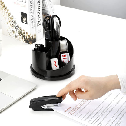 Deli Office Supplies Set, Desk Accessory Organizer Kit, Stapler Set, Rotating Multi-Functional Pen Holder, Tape Dispenser, Pens, Binder Clips, Sharpener, Scissor, Eraser, Black