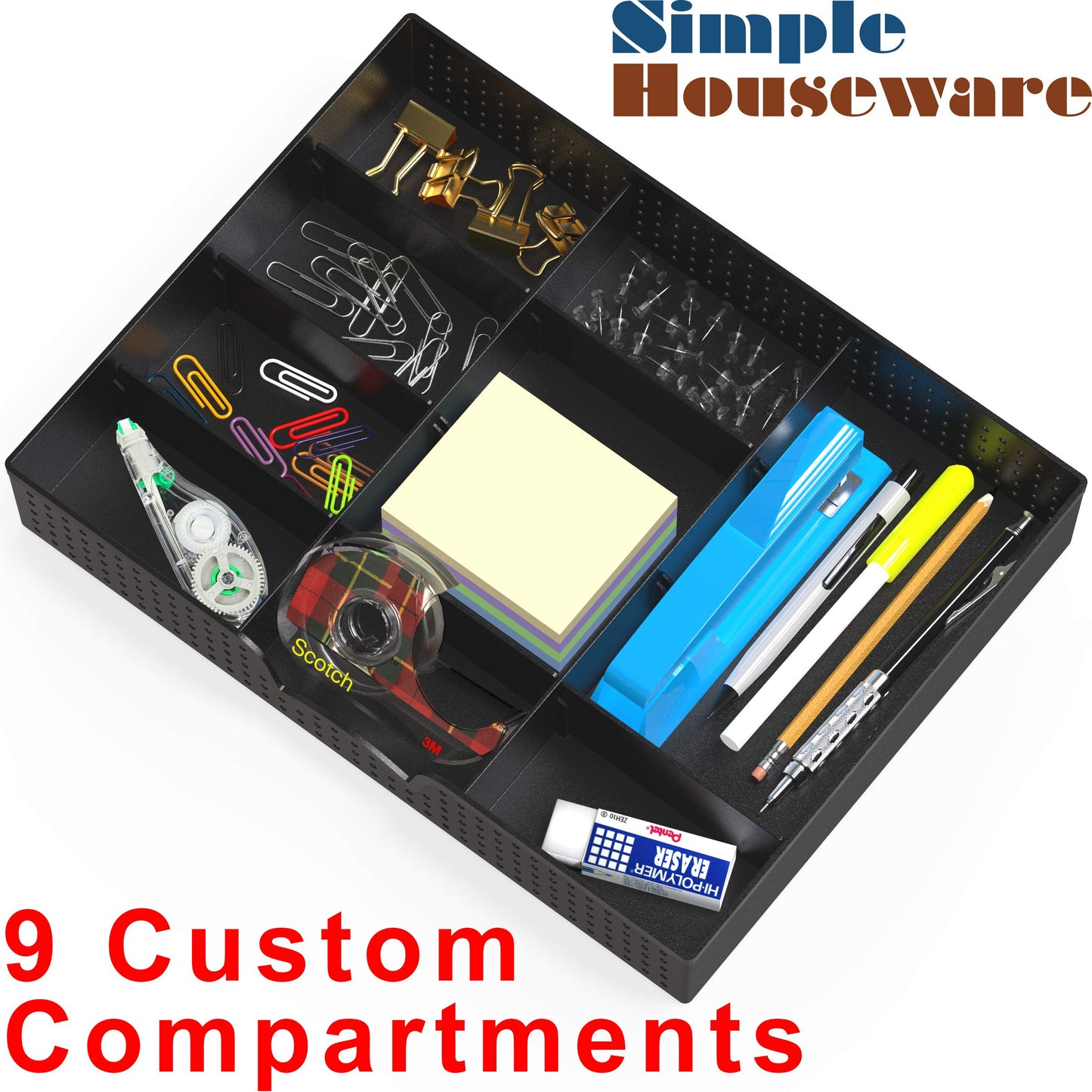SHW 9 Adjustable Comp. Drawer Organizer Tray, Black