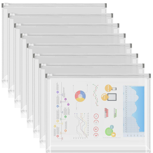 Toplive A4 Plastic Zipper Pouch,8 Pack A4 Expanding Waterproof Zipper Document Bag File Folder for School Office Supplies,Transparent
