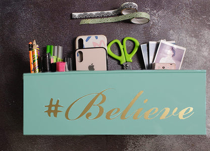 Dudki Believe Printed Desk Organizer Metal Decorative Pen Pencil Caddy Holder Storage Box For Desktop