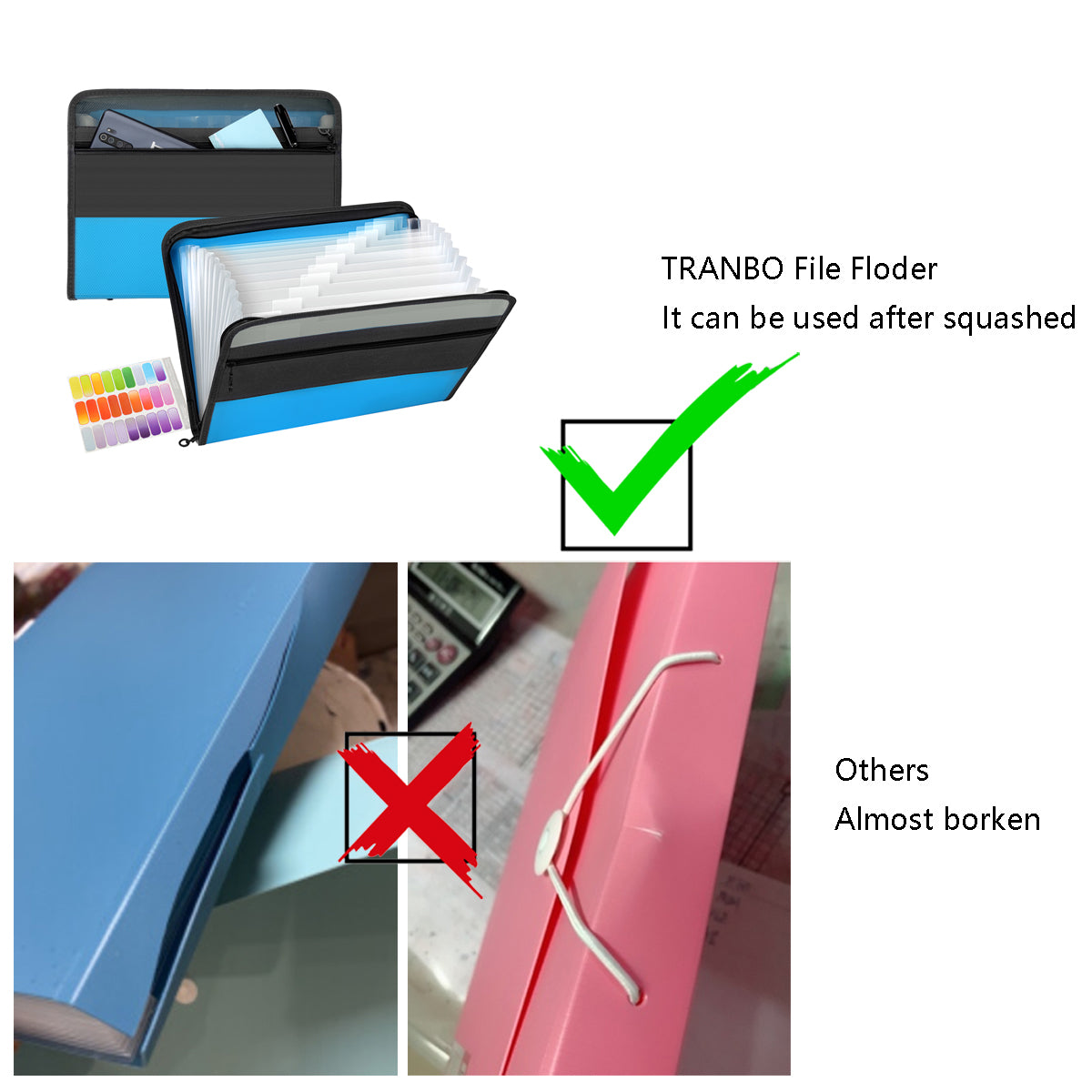 Expanding File Folder 13 Pockets with Zipper Closure, TRANBO Letter/A4 Size Plastic Portable Document Organizer (Blue)