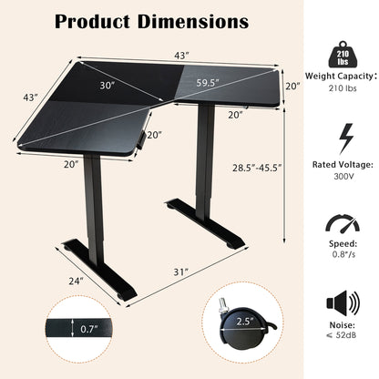Costway L Shaped Electric Adjustable Standing Desk w/ Controller 2 Hooks Black