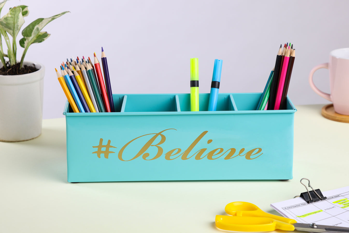 Dudki Believe Printed Desk Organizer Metal Decorative Pen Pencil Caddy Holder Storage Box For Desktop
