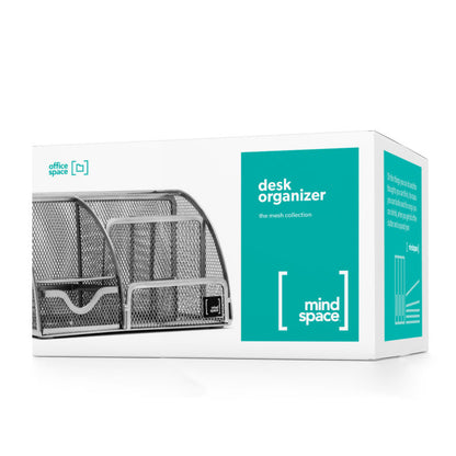 Office Supplies Desk Organizer by Mindspace, 8 Compartments + Drawer | The Mesh Collection, Silver