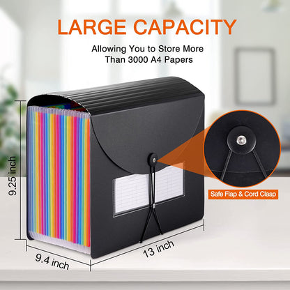 Maustic 12 Pockets Expanding File Folder,Black Desktop Accordion Folders Document Storage Organizer with Expandable Cover (A4/Letter Size)