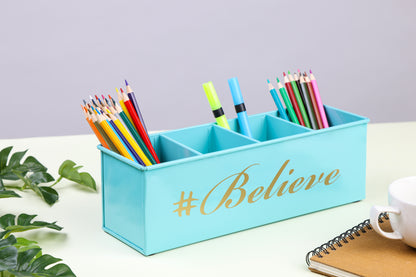 Dudki Believe Printed Desk Organizer Metal Decorative Pen Pencil Caddy Holder Storage Box For Desktop