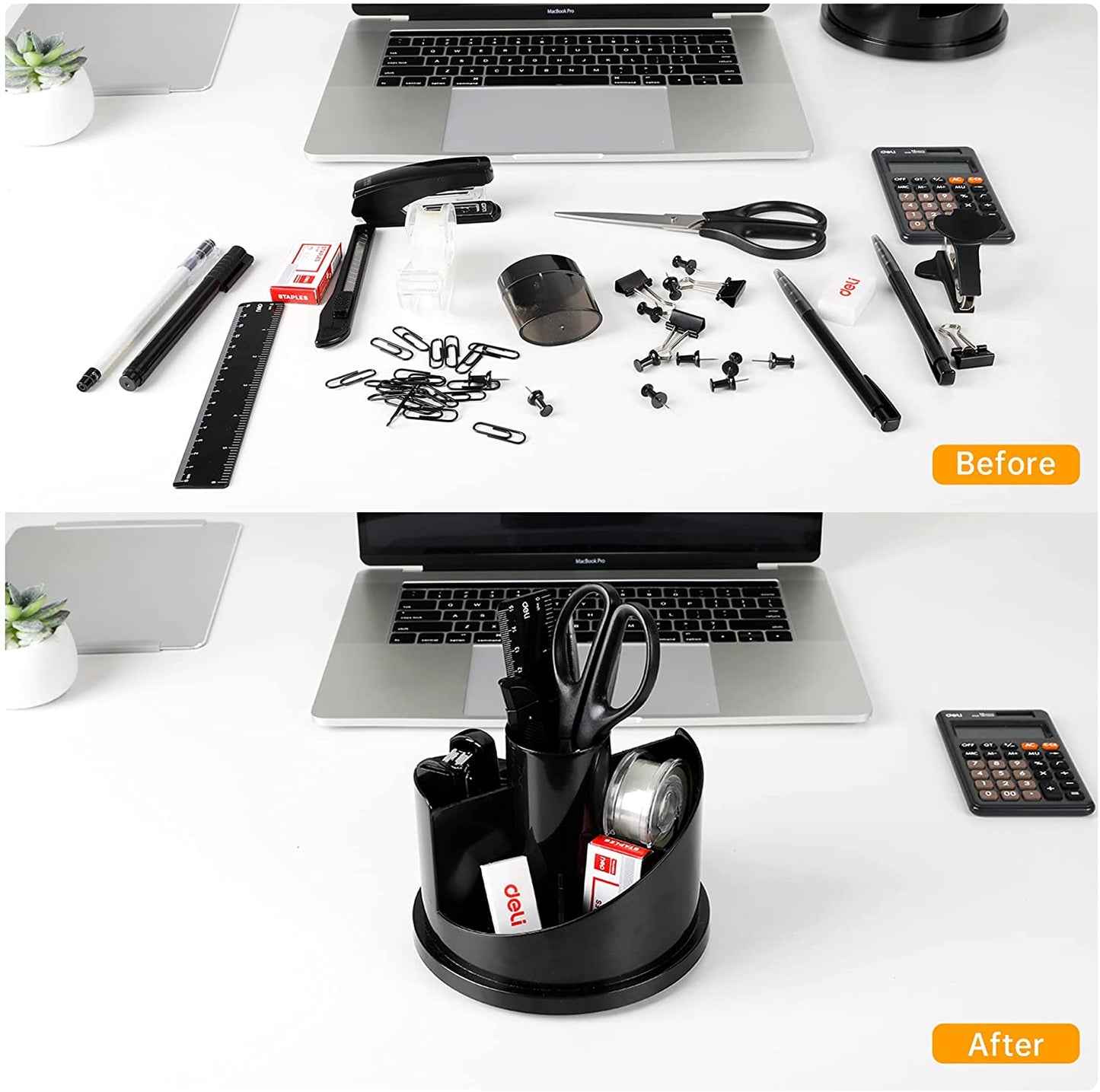 Deli Office Supplies Set, Desk Accessory Organizer Kit, Stapler Set, Rotating Multi-Functional Pen Holder, Tape Dispenser, Pens, Binder Clips, Sharpener, Scissor, Eraser, Black