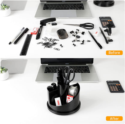 Deli Office Supplies Set, Desk Accessory Organizer Kit, Stapler Set, Rotating Multi-Functional Pen Holder, Tape Dispenser, Pens, Binder Clips, Sharpener, Scissor, Eraser, Black