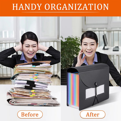 Maustic 12 Pockets Expanding File Folder,Black Desktop Accordion Folders Document Storage Organizer with Expandable Cover (A4/Letter Size)