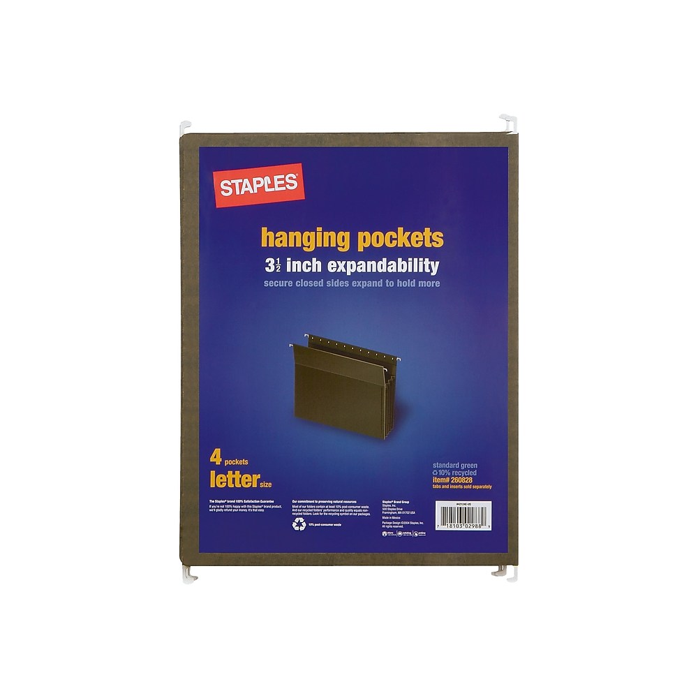 Staples Hanging File Folders 3-1/2" Expansion Ltr Gn 4/PK 260828