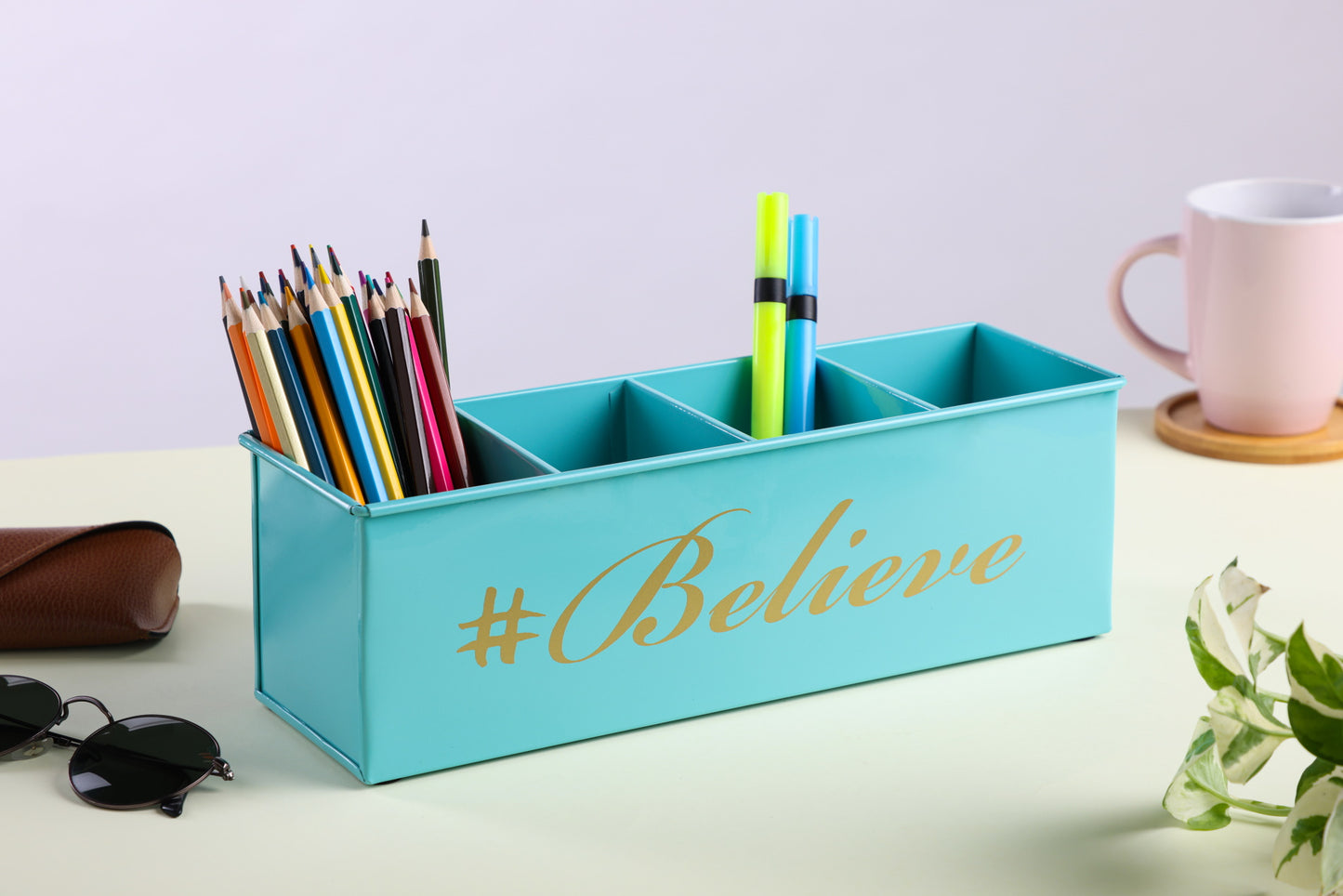 Dudki Believe Printed Desk Organizer Metal Decorative Pen Pencil Caddy Holder Storage Box For Desktop