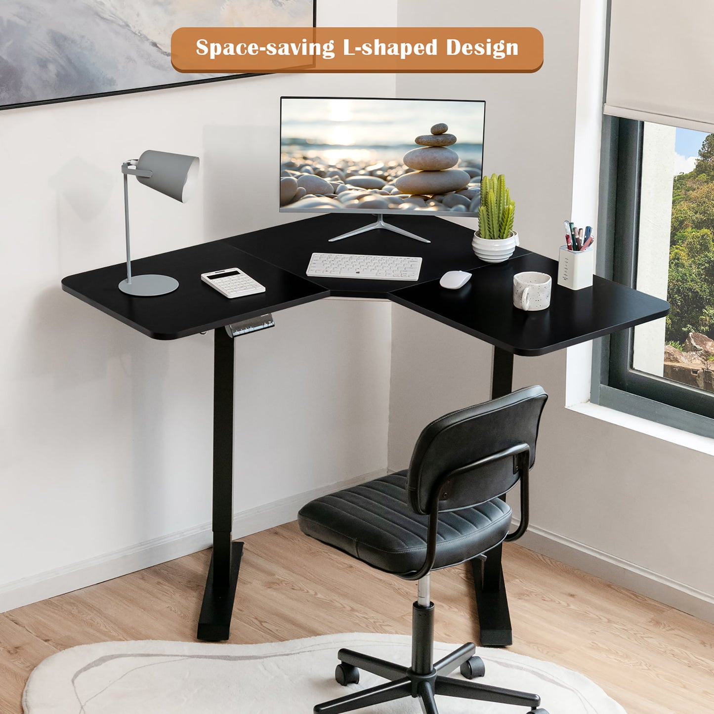 Costway L Shaped Electric Adjustable Standing Desk w/ Controller 2 Hooks Black