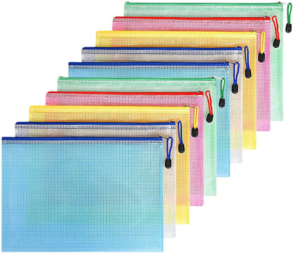 WWW A4 Plastic Zip Wallets Folder, 10PCS Mesh Zipper Pouch Document Wallet, A4 Zipper File Folders, Zip Lock Bags for School Office Household Travel Supplies
