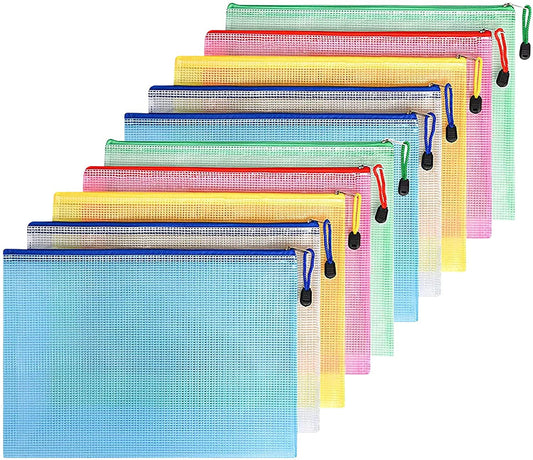 WWW A4 Plastic Zip Wallets Folder, 10PCS Mesh Zipper Pouch Document Wallet, A4 Zipper File Folders, Zip Lock Bags for School Office Household Travel Supplies