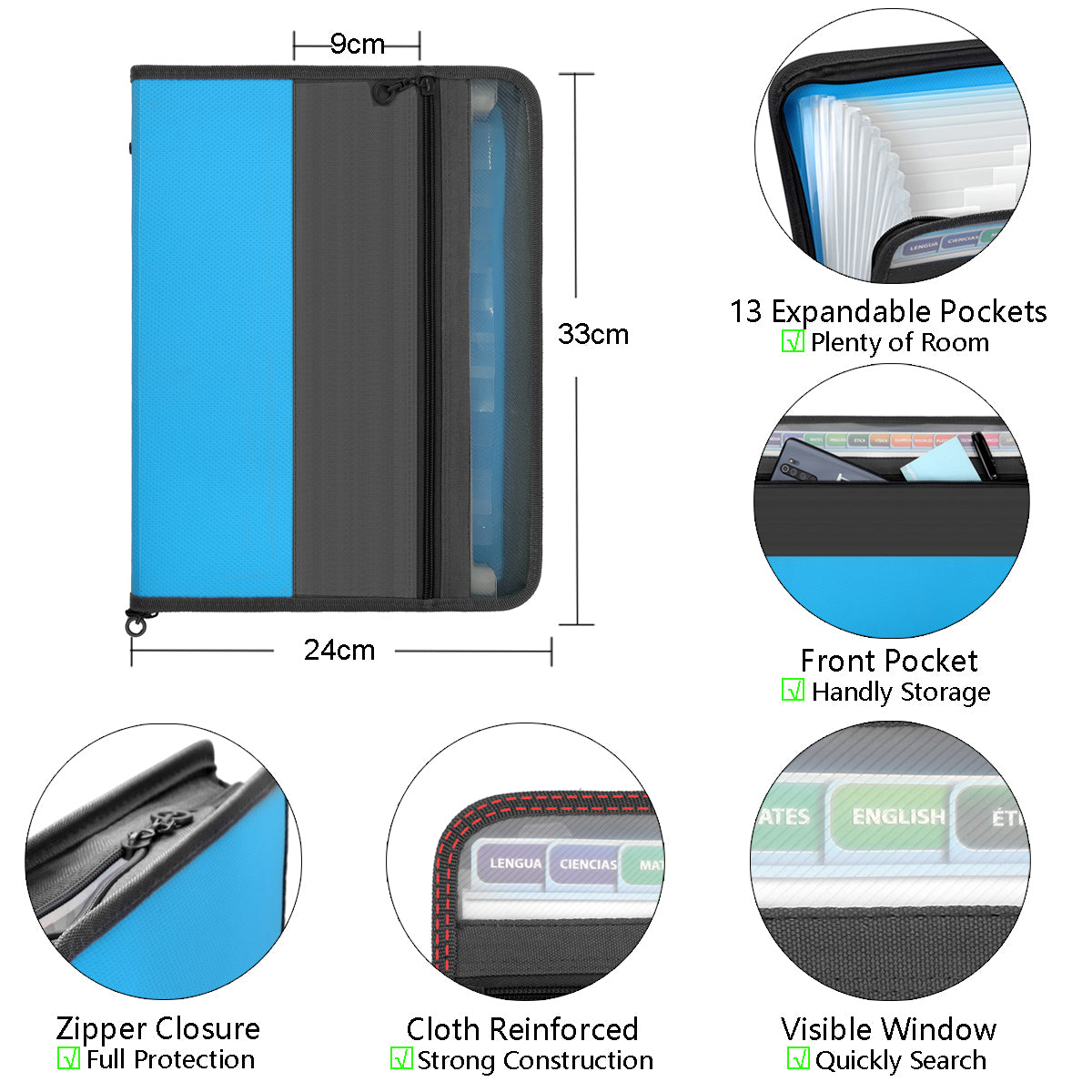 Expanding File Folder 13 Pockets with Zipper Closure, TRANBO Letter/A4 Size Plastic Portable Document Organizer (Blue)