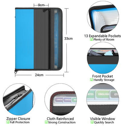 Expanding File Folder 13 Pockets with Zipper Closure, TRANBO Letter/A4 Size Plastic Portable Document Organizer (Blue)