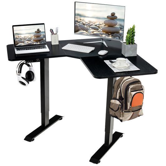 Costway L Shaped Electric Adjustable Standing Desk w/ Controller 2 Hooks Black
