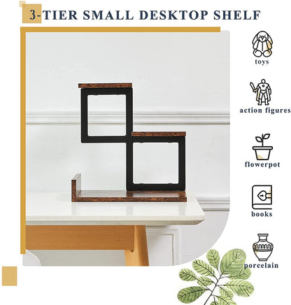 Gannyfer Wood Desktop Shelf - Freestanding Small Bookshelf Desk Supplies Organizers, 3 Tier Storage Display Rack Office Decor, Stand Shelves with Metal Frame for Books/Plants/Toys